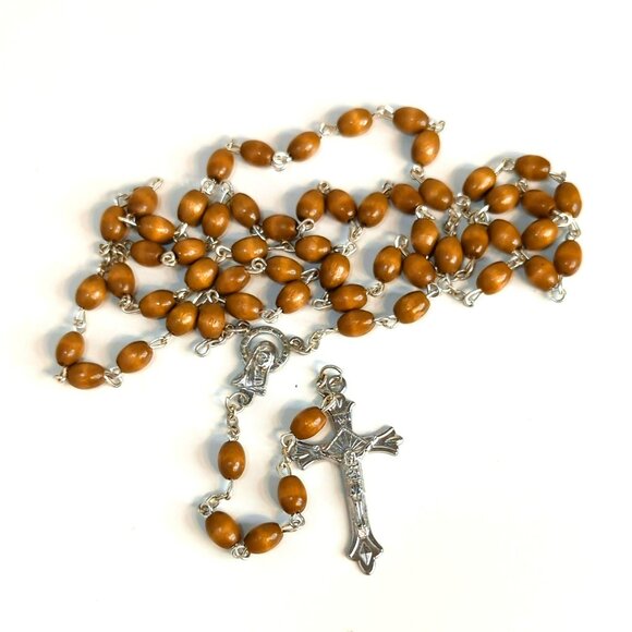 Wooden Bead & Silver Tone Catholic Rosary Necklace Prayer Beads - Picture 1 of 6